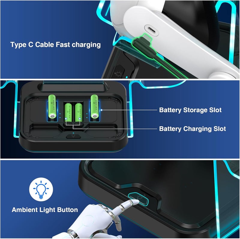 Svetaecho Fast VR Charging Dock for Meta Oculus 3: LED Quest Charging Station for Oculus 3S Aceesories - Light Up Controller Stand with 4 Rechargeable Batteries for Meta Quest 2 - Image 4
